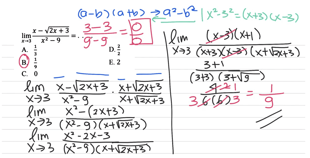 X - - v2x + 3 lim =. x+3 x2 – 9 A. NNIN B. C. 0 (a-b) cath) 9²-6²1x²-3²=(x+3)(x-3) 3-3 g-g Ilim (x3)(x+1) D. X=3 (x+3)(x3)(x+12x+3) 3+1 lim X-V2x+3 x+V2x+3 (313) (3+19) 421 X73 x²-g X+V2X+3 lim *²=(2x+3) 361613 9 873 (X2-9)(x+12x+3) a lim x² - 2x-3 X>3 (X-9)(x+12x+3) = 