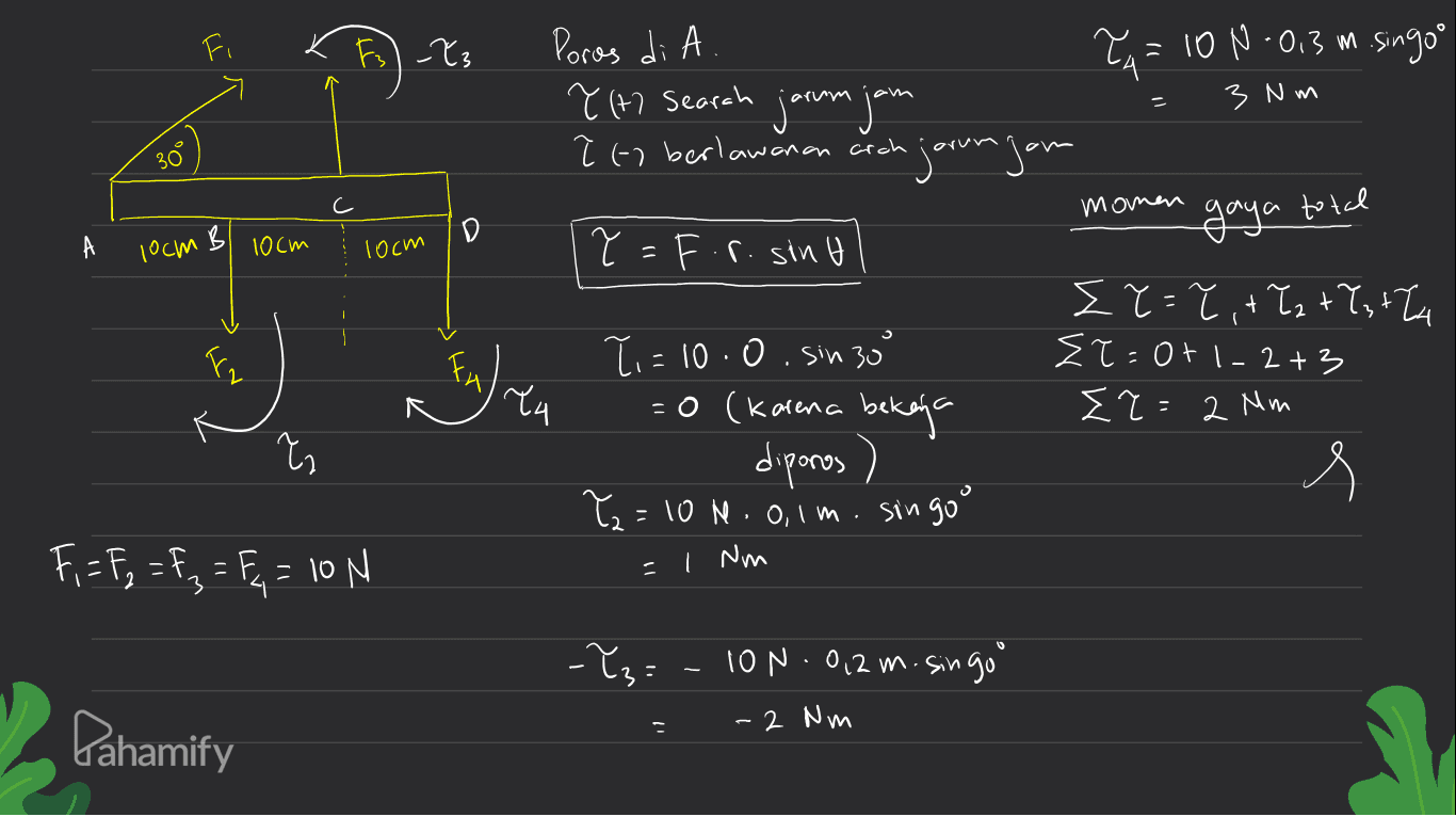 Fi E2-ley ?q=ION -0,3 m. singoo Poros di A. Y H7 Search jarum jam î-1 berlawanan arch jarum jam 3 Nm 30 С c momen gaya total o t B S 10cm 10cm loom Y=F.r. sing 1 с in ) reu Ti=10.0. sin 30 = 0 (karena bekerja diporos) <?=?,+ łz testla {r=0+1-2+3 I ?= 2 mm s T Y2=10 nooim. singoo F, = F₂ = F₂ = Fu = 10 N = 1 Nm -Y3: - ION. 0,2 m. singo" こ -2 Nm Pahamify 