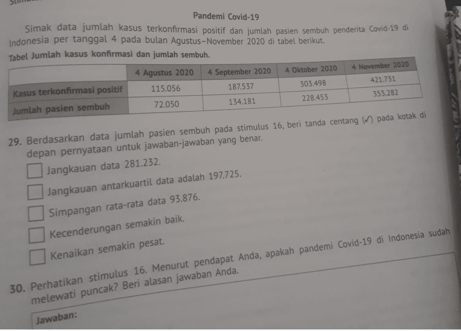 Pandemi Covid-19 Simak data jumlah kasus terkonfirmasi positif dan jumlah pasien sembuh penderita Covid-19 di Indonesia per tanggal 4 pada bulan Agustus - November 2020 di tabel berikut. Tabel Jumlah kasus konfirmasi dan jumlah sembuh. 4 Agustus 2020 4 September 2020 Kasus terkonfirmasi positif 115.056 187.537 303.498 72.050 134.181 228.453 Jumlah pasien sembuh 4 Oktober 2020 4 November 2020 421.731 353.282 29. Berdasarkan data jumlah pasien sembuh pada stimulus 16, beri tanda centang (n) pada kotak di depan pernyataan untuk jawaban-jawaban yang benar. Jangkauan data 281.232. Jangkauan antarkuartil data adalah 197.725. Simpangan rata-rata data 93.876. Kecenderungan semakin baik. Kenaikan semakin pesat. 30. Perhatikan stimulus 16. Menurut pendapat Anda, apakah pandemi Covid-19 di Indonesia sudah melewati puncak? Beri alasan jawaban Anda. Jawaban: 