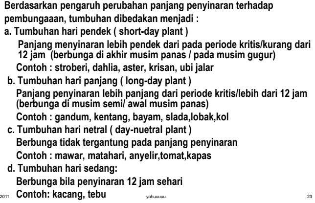Berdasarkan pengaruh perubahan panjang penyinaran terhadap pembungaaan, tumbuhan dibedakan menjadi : a. Tumbuhan hari pendek ( short-day plant) Panjang menyinaran lebih pendek dari pada periode kritis/kurang dari 12 jam (berbunga di akhir musim panas / pada musim gugur) Contoh : stroberi, dahlia, aster, krisan, ubi jalar b. Tumbuhan hari panjang (long-day plant) Panjang penyinaran lebih panjang dari periode kritis/lebih dari 12 jam (berbunga di musim semil awal musim panas) Contoh : gandum, kentang, bayam, slada,lobak, kol c. Tumbuhan hari netral ( day-nuetral plant) Berbunga tidak tergantung pada panjang penyinaran Contoh : mawar, matahari, anyelir,tomat,kapas d. Tumbuhan hari sedang: Berbunga bila penyinaran 12 jam sehari 2011 Contoh: kacang, tebu yahuuuuu 23 