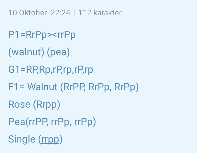 10 Oktober 22:24 | 112 karakter P1=RrPp><rrPp (walnut) (pea) G1=RP,Rp,rPrp,rPrp F1 = Walnut (RrPP, RrPp, Rrpp) Rose (Rrpp) PearrPP, rrPp, rrPp) Single (rrpp) 