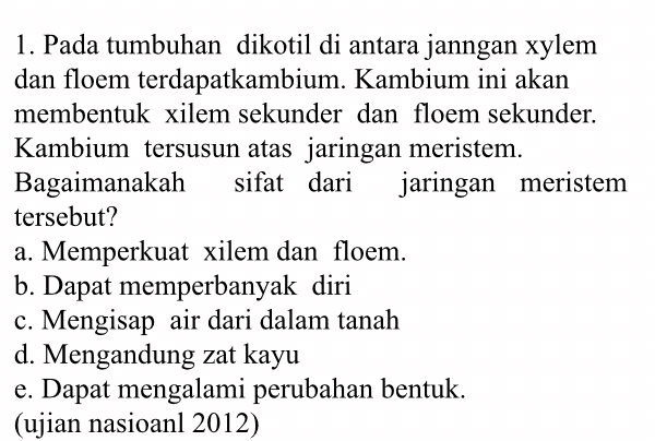 1. Pada tumbuhan dikotil di antara janngan xylem dan floem terdapatkambium. Kambium ini akan membentuk xilem sekunder dan floem sekunder. Kambium tersusun atas jaringan meristem. Bagaimanakah sifat dari jaringan meristem tersebut? a. Memperkuat xilem dan floem. b. Dapat memperbanyak diri c. Mengisap air dari dalam tanah d. Mengandung zat kayu e. Dapat mengalami perubahan bentuk. (ujian nasioanl 2012) 