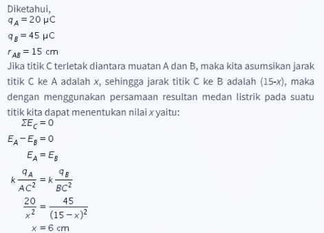 Diketahui, 9A=20 PC 98 = 45 C AB = 15 cm Jika titik C terletak diantara muatan A dan B, maka kita asumsikan jarak titik C ke A adalah x, sehingga jarak titik C ke B adalah (15-x), maka dengan menggunakan persamaan resultan medan listrik pada suatu titik kita dapat menentukan nilai x yaitu: ΣΕς = 0 EA-E8 = 0 EA=E8 9A 98 k =k AC² BC2 20 x2 (15 - x)2 45 X = 6 cm 