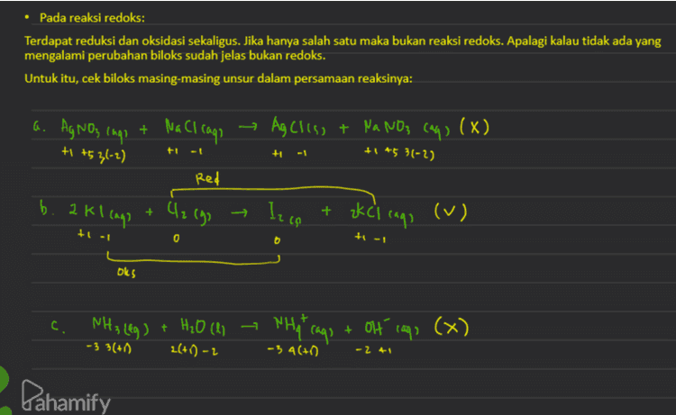 d. NaOH caq? + CH3 COOH cago > CH3COONa cans 034002-2+1 + H2O^)(x) +1 -2.41 0 3(+1) 0-1-2 4, Z[41)-2 e. Al2O3 is) + NaOH cago → 2 Na AIO ₂ cage + H2O ces (x) 2.(+3) 31-2) + - + to +3 2(2) 2(+1)-2 
• Pada reaksi redoks: Terdapat reduksi dan oksidasi sekaligus. Jika hanya salah satu maka bukan reaksi redoks. Apalagi kalau tidak ada yang mengalami perubahan biloks sudah jelas bukan redoks. Untuk itu, cek biloks masing-masing unsur dalam persamaan reaksinya: a. AgNO3 ingo ti 75 3(-2) NaCl caqs Agcliss + NaNO3 Cay) (x) +1 +5 3(-2) +1 - + -1 Red b. akl lago + Clargo Inca + zk ci caps (v) +1 -1 0 +- bles C. NH3 Leg) + H₂O (li - NHq cago + Olt cago "(x) - 3 3(+1) 2(+1)-2 -3 4(70) -241 Pahamify 