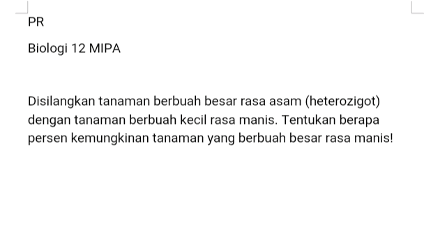 PR Biologi 12 MIPA Disilangkan tanaman berbuah besar rasa asam (heterozigot) dengan tanaman berbuah kecil rasa manis. Tentukan berapa persen kemungkinan tanaman yang berbuah besar rasa manis! 