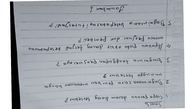 Soalb 1. Siapa pelana dalam dialog tersebur? 2. Bagaimana cara pembari menawar harga mangga tersebut? 3. bagau ma tanggapan penjualnya ? er Apakan pada akhir diarang terjadi kesepasaran anrara penjual dan pembeli? 5. Bagaimana kesepakatan iturerjadi? Jawaban ! 