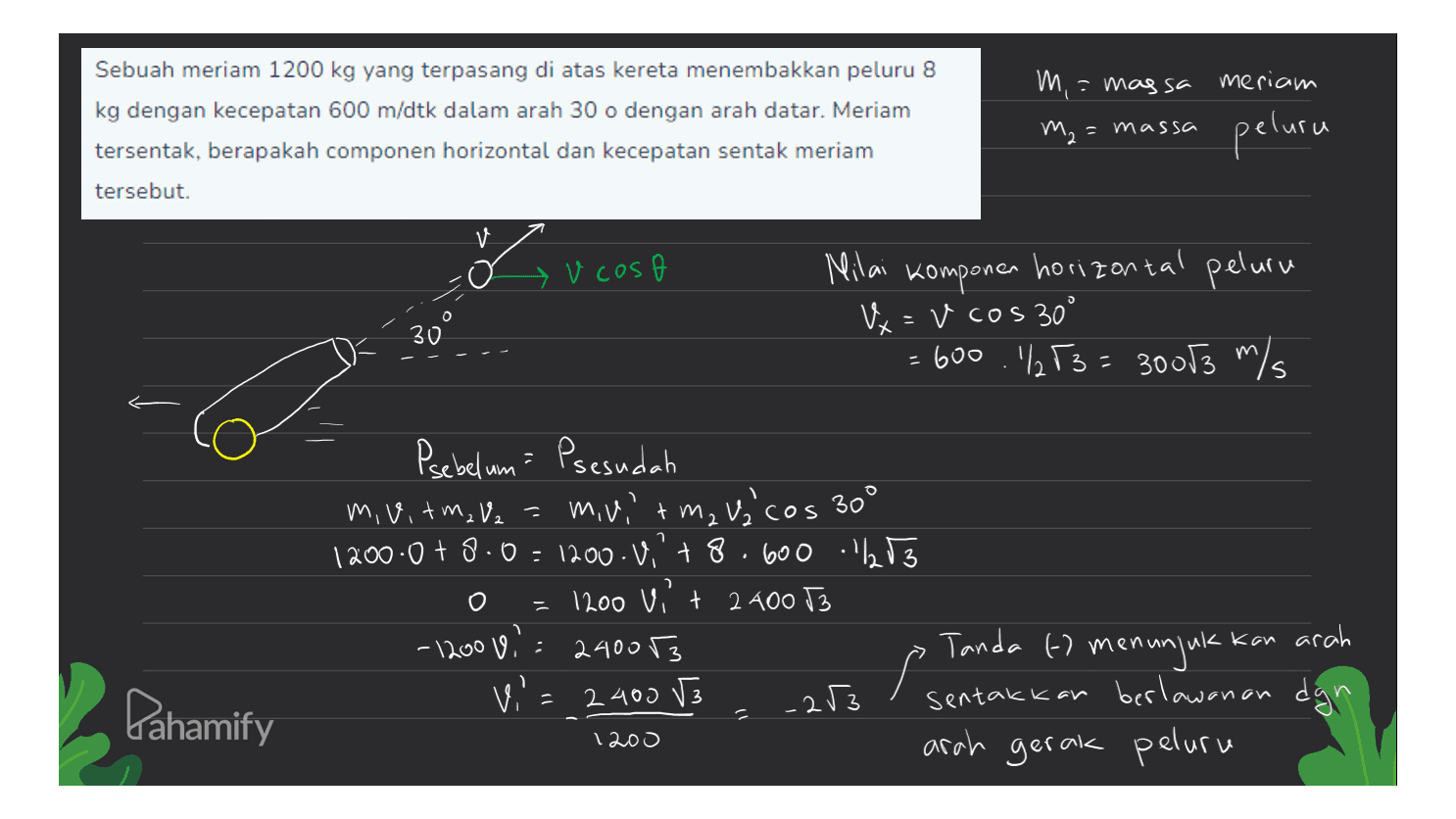 Sebuah meriam 1200 kg yang terpasang di atas kereta menembakkan peluru 8 kg dengan kecepatan 600 m/dtk dalam arah 30 o dengan arah datar. Meriam tersentak, berapakah componen horizontal dan kecepatan sentak meriam m, = massa meriam m2 peluru = massa tersebut. V vcoso Milai komponen horizontal peluru x=vcos 30° : 600.1/53 = 30053 m/s 30 X 7 . Psebelum Psesudah mi vit m₂ V2 mu,' + m2 v co s 30° 120000+8.0=1200.,'+8.600 1283 1200 vit 2400 T3 - 12000,= 240053 ak kan arah Vi 2 400 V3 - Sentakkan berlawanan arah gerak peluru o Tanda t) menunjuk Pahamify .253 dgn 1200 