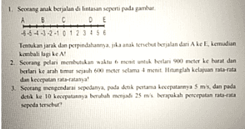 1. Seorang anak berjalan di lintasan seperti pada gambar A BOLD DE -5-5-4-3-2-10 123456 Tentukan jarak dan perpindahannya, jika anak tersebut berjalan dari A ke kemudian kembali lagi ke A 2. Seorang pelari membutukan waktu 6 menit untuk berlari 900 meter ke barat dan berlari ke arah timur sejauh 600 meter selamat menit Hitunglah kelajuan rata-rata dan kecepatan rata-ratanya! 3. Seorang mengendarai sepedanya, pada detik pertama kecepatannya 5 ms, dan pada detik ke 10 kecepatannya berubah menjadi 25 ms berapakah percepatan rata-rata sepeda tersebut 
