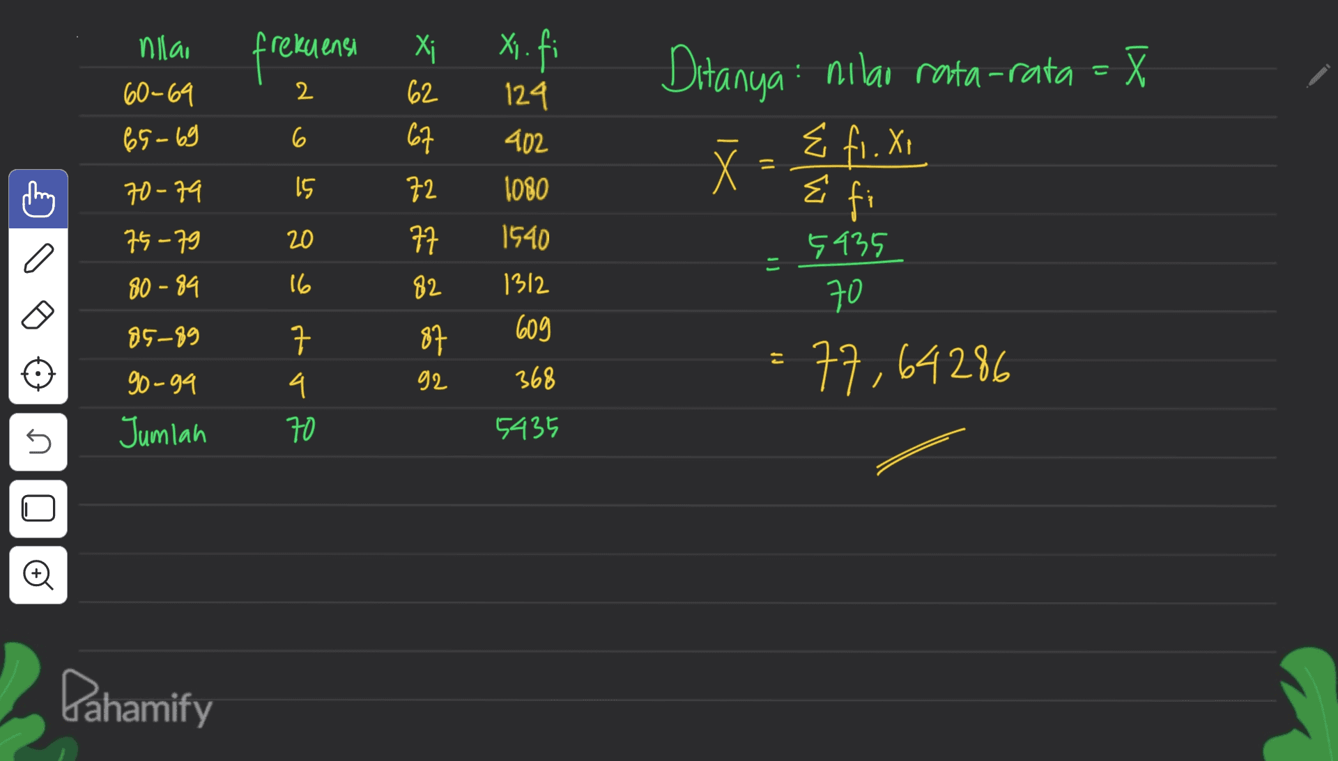 nllao frekuensi xi xi.fi 60-69 2 Ditanyai nilai rata-rata -= X E fi. Xi 65-69 6 124 402 1080 = 70-79 62 67 72 77 82 15 & fi E 75-79 20 1540 U 5435 70 80 - 94 16 1312 85-89 609 87 92 로 7 4. 70 368 go-ga Jumlah 77,64286 5435 U o Dahamify 