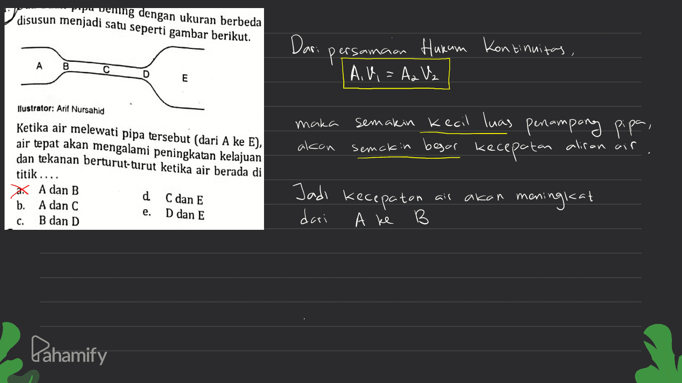 ning dengan ukuran berbeda disusun menjadi satu seperti gambar berikut. Pa Dari Kontinuitas, persamaa ersamaan Hukum A. Vi = Az Uz A B с D E maka alcon semakin kecil luas penampang pipa, semakin besar kecepatan llustrator: Arif Nursahid Ketika air melewati pipa tersebut (dari A ke E), air tepat akan mengalami peningkatan kelajuan dan tekanan berturut-turut ketika air berada di titik ..... d C dan E b. A dan C D dan E B dan D aliran air a A dan B Jadi kecepatan air akan meningkat e. dari c. A ke B Pahamify 