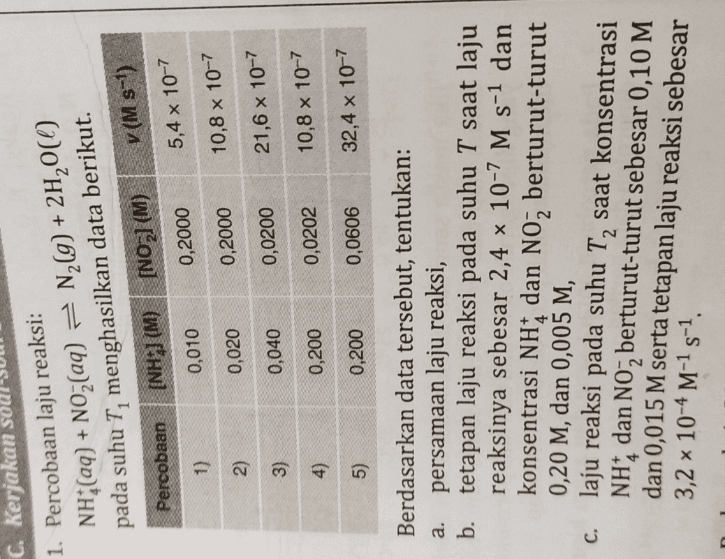 C. Kerjakan 1. Percobaan laju reaksi: NH;(aq) + NOz(aq) = N2(g) + 2H20(0) pada suhu 7, menghasilkan data berikut. [NH] (M) [NO] (M) v (M s-) 0,2000 5,4 x 10-7 Percobaan 1) 0,010 10,8 x 10-7 2) 0,020 0,2000 21,6 x 10-7 3) 0,040 0,0200 0,0202 10,8 x 10-7 4) 0,200 0,0606 32,4 x 10-7 a. 5) 0,200 Berdasarkan data tersebut, tentukan: persamaan laju reaksi, b. tetapan laju reaksi pada suhu T saat laju reaksinya sebesar 2,4 x 10-7 M s-1 dan konsentrasi NH dan Noz berturut-turut 0,20 M, dan 0,005 M, c. laju reaksi pada suhu T, saat konsentrasi NH, dan NO, berturut-turut sebesar 0,10 M 3,2 x 10-4 M-15-1 dan 0,015 M serta tetapan laju reaksi sebesar 