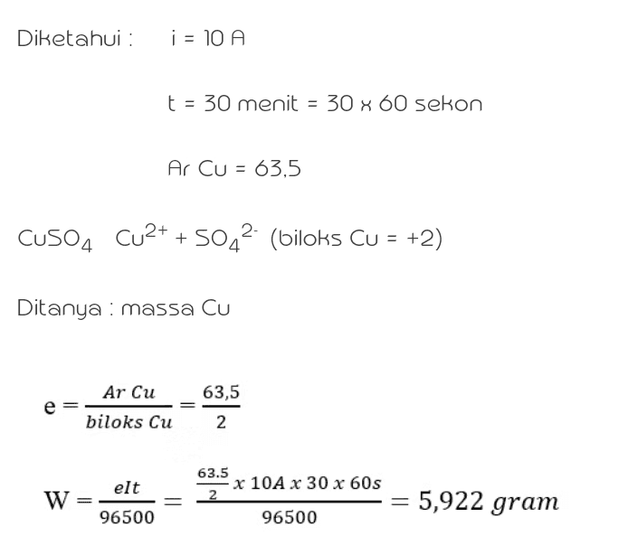 Diketahui : i = 10 A t = 30 menit = 30 x 60 sekon Ar CU = 63,5 CUSO4 Cu2+ + 5042 Cu2+ + 5042 (biloks Cu = (+2) Ditanya : massa Cu е 63,5 Ar Cu biloks Cu 63,5 2 elt W 63.5 x 10A x 30 x 60s 2 = 5,922 gram 96500 96500 