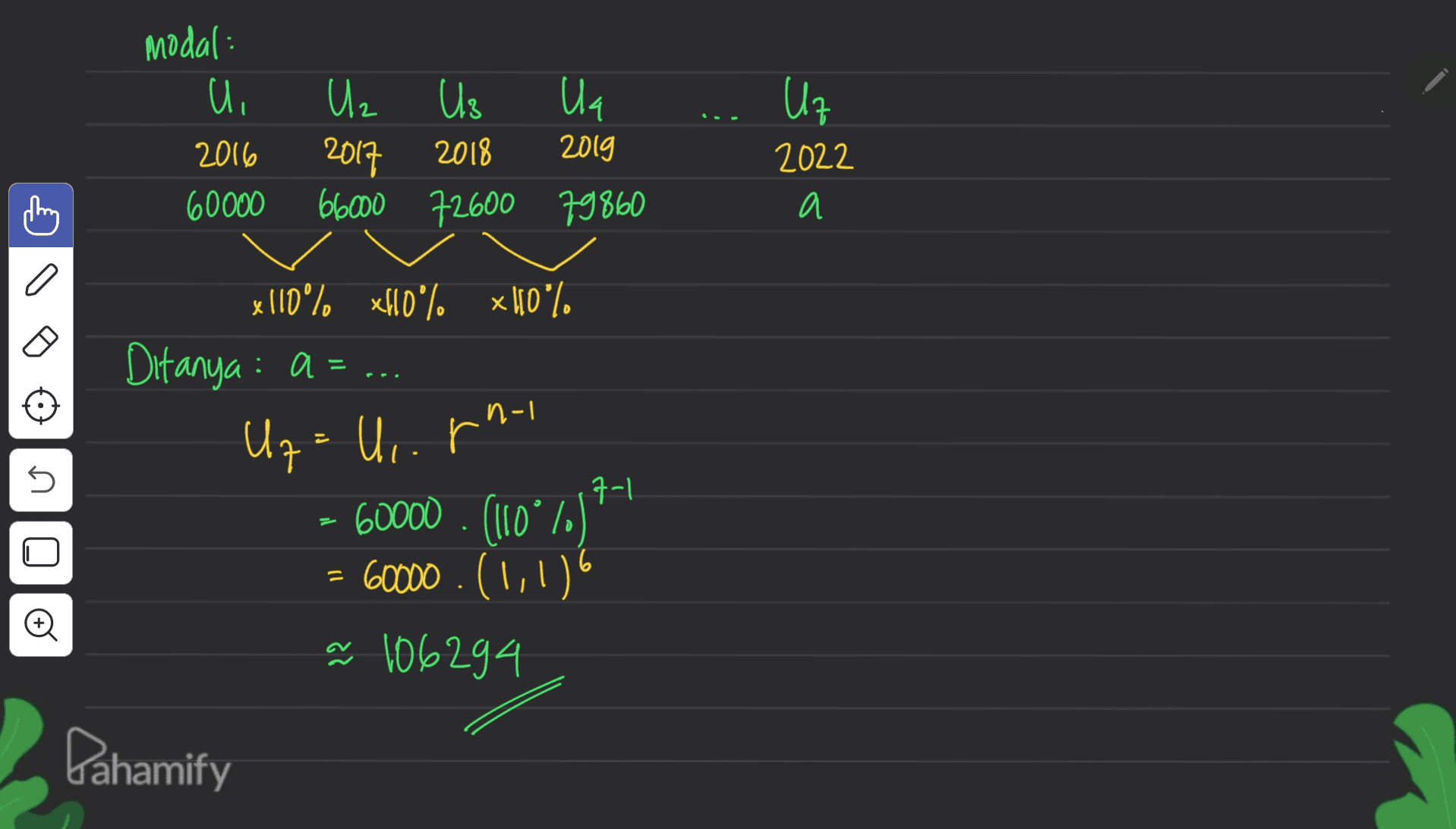 Modal : Ui 2016 60000 Uz Us Ua 2019 66000 72600 79860 2017 2018 Uz 2022 a X x 110% xf10% <10%. Ditanya : a = ... Uz - Urni n 7-1 - 60000 . (110° 7) 60000 (1,1) ~ 106294 Dahamify 
