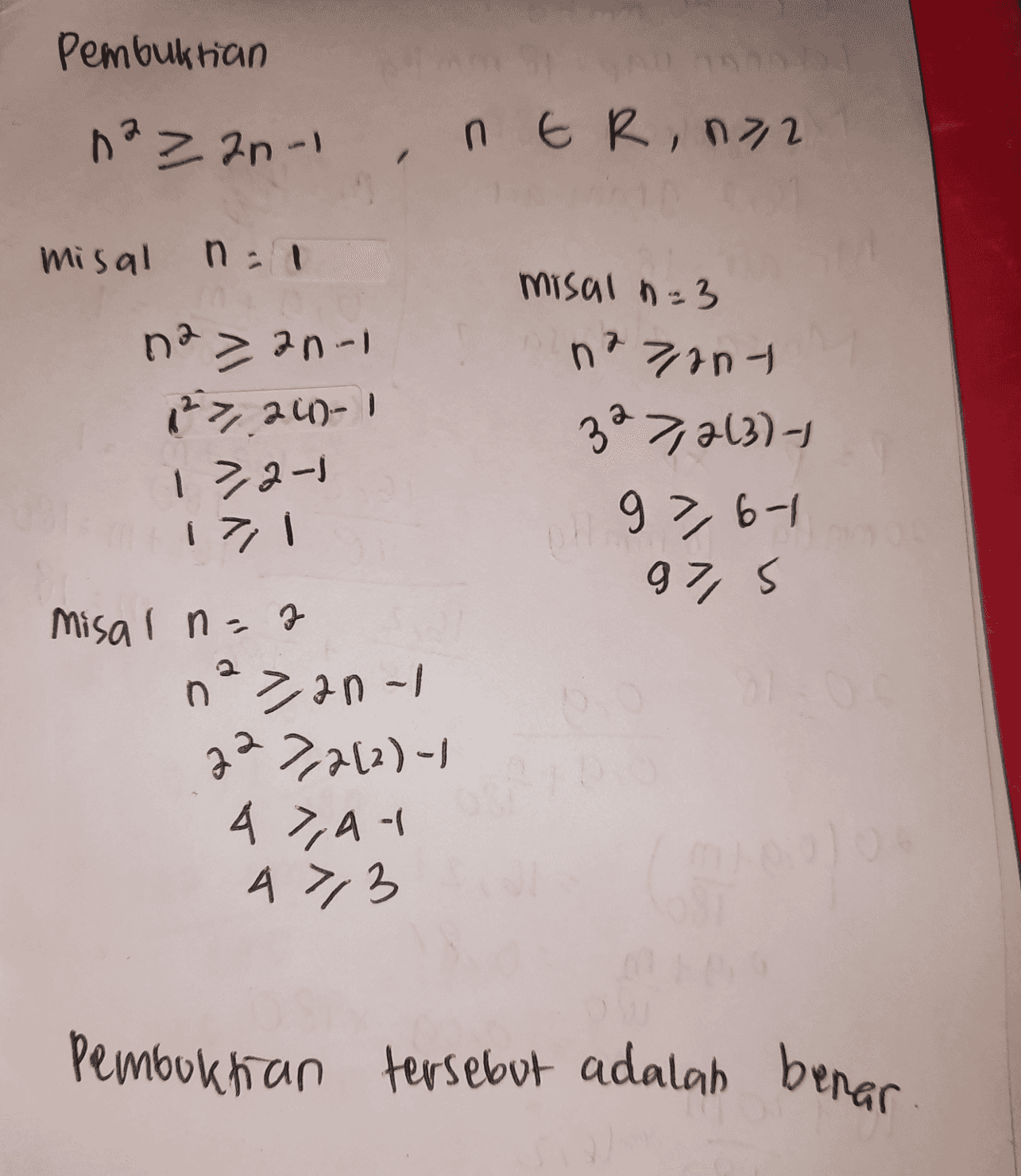Pembuktian nazanin ER, n72 misal nal misal n=3 na 7/ant 327, 2(3) - 1976-1 97, s na z an- 12.7, 20-1 17,2-1 1기 misal net na an-1 227, 7(2) - 1 4 7,4 -1 4713 Pembuktian tersebut adalah benar 