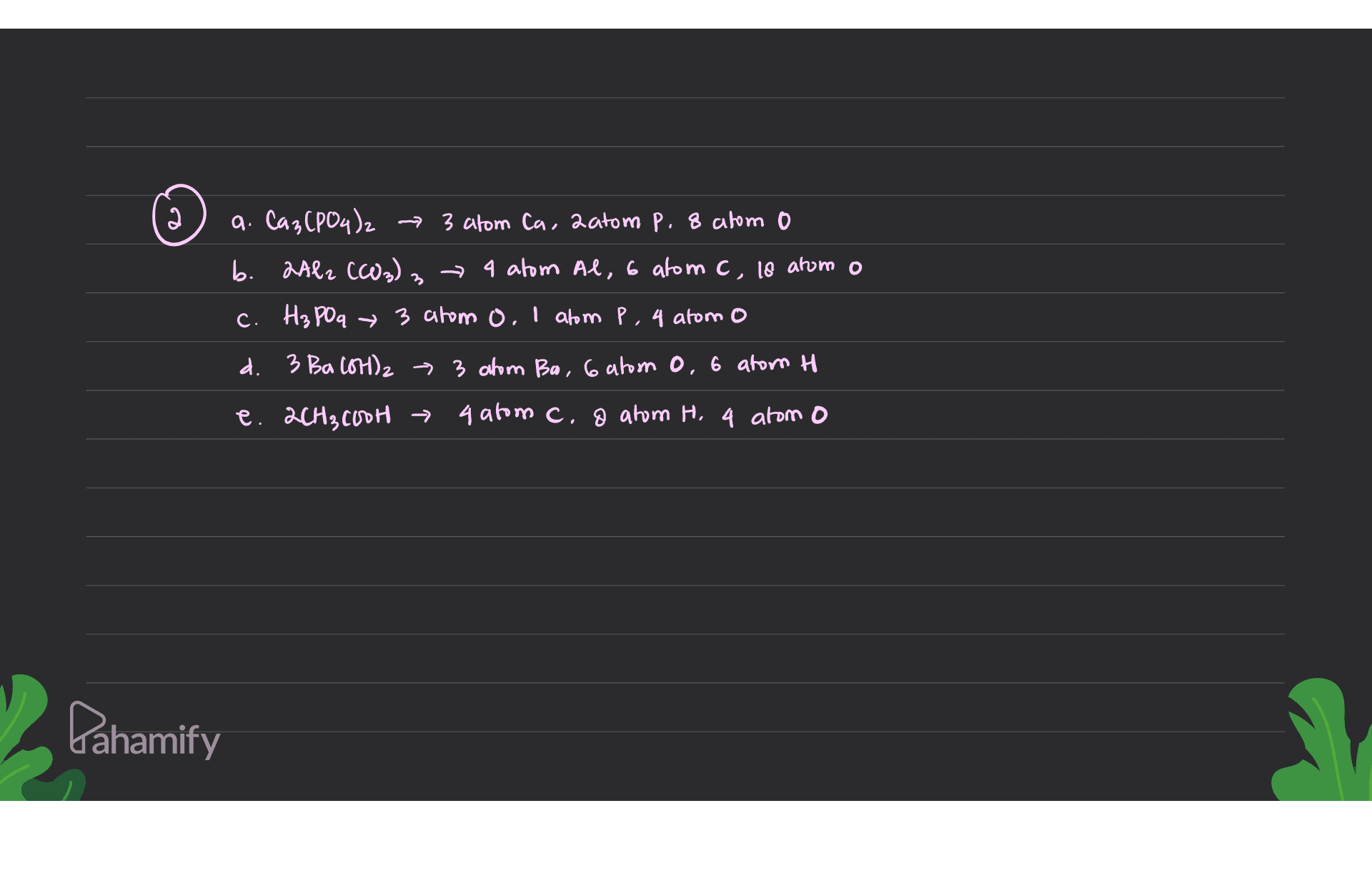 2 a. Ca3(PO4)2 3 atom Ca, aatom P. & atom o b. 2Al2(CO3)3 a alom Al, 6 atom c, 18 atom o H₃ POq 3 atom o. I alom P, 4 atomo C. d. 3 BacoH)2 - 3 alom Bo, 6 atom 0,6 atom H e. 2CH3COOH → 4 atom c. & atom H. 4 atom o Dahamify 
