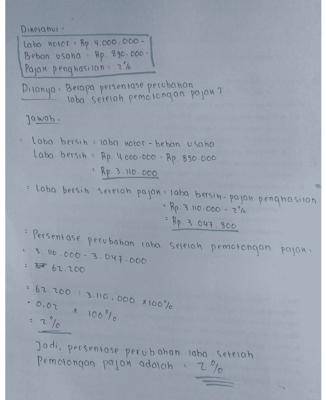 Dinetahui laba kotor : Rp.4.000.000 Beban usana Rp. 890.000 Pojan penghasilan 2% Ditanya : Berapa persentase perubahan loba setelah pemotongan pojan? Jawab. - laba bersih laba kotor - beban usana laba bersin = Rp. 4.000.000 - Rp. 890.000 hp. 3.110.000 : Laba bersih setelah pajan laba bersin-pajak penghasilan = Rp. 3.110.000 - 20% Rp. 3.047.800 : Persentase perubahan rasa setelah pemotongan pajon. 3. 110.000-3.047.000 = 62.200 62.200: 3.110.000 x 100% -0,02 x 100% 2% こ Jadi, persentase perubahan laba setelah Pemotongan pajoin adalcih : 2% 