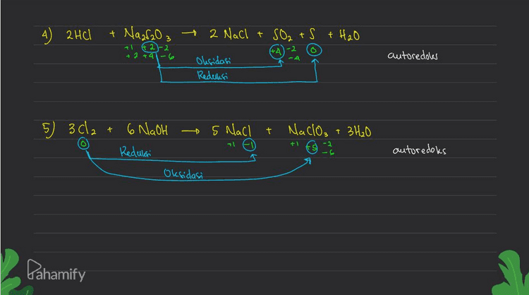 4) 2HCl + Na2f2O₃ 2 NaCl + SO₂ + S + H2O +1 62-2 +2 +41-6 autoredoles A Oksidasi Reduksi 3cl2t 5 NaCl + NaClO₃ + 3H₂O +1 6 NaOH Reduceri Oksidasi autoredoks Pahamify 
1) TO, f SI- + 6H 31₂ + 3 H₂O anti-autoredoles Red Oks Pb + PbO2 + 2H₂SO4 2 PLSO + 2H₂O O anti-cautoredous Oks Red 3) 3 MnO2 + 4H+ Reduksi P MnO2 + 2 MnOA + 2H₂O autoredous Oksidasi Pahamify 
Reaksi autoredoles / disproporsionasi Co Oksidator dan reduktor adalah contoh : 2H2O2 02 + 2H₂O unsur Gang sama O Oksidator H₂O₂ Reduktor H₂O2 Oksidasi Redulesi Reaksi antiautoredoles / komproporsionari Co Hasil reduksi dan hasil susidasi adalah Contoh : Has + SO₂ s + H₂O unsur yang sama +4 O Hasil reclukfis Hasil oksidasi :S Oksidasi Reduksi Dahamify 