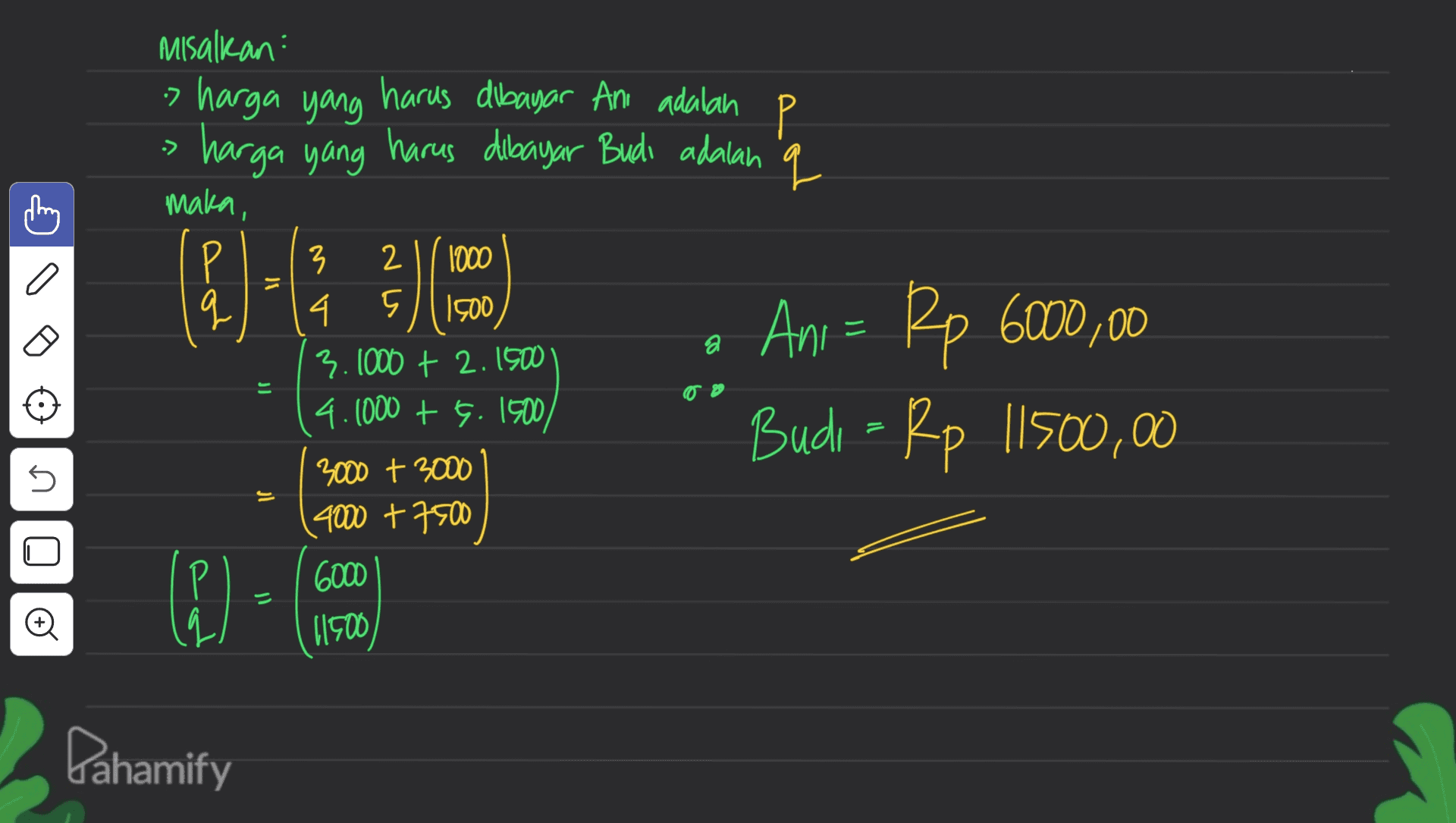 Misalkan : > harga yang harus dibayar Ani adalah P harga yang harus dibayar Budi adalah q 오 maka, P Ani = Rp 6000,00 Budi - Rp 11500,00 a | Cart a JJ 3 2 1000 4 5 1900 3.1000 + 2.1900 4.1000 + G. 1500 3000 + 3000 4000 +7.500 6000 /1900 5 ul Đ Pahamify 