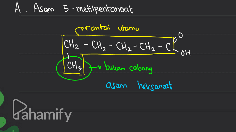 A. Asam 5-metilpentanoat prantai utama (CH2 - CH₂ - CH₂ - CH₂-C! ci OH 애 CH₃ o bukan cabang asam heksanoat Kahamify 