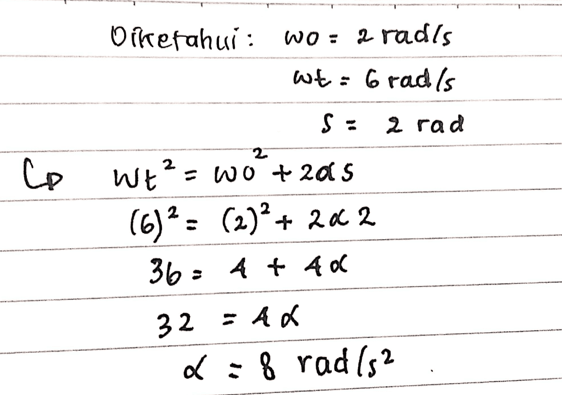 Offetahui: wo: a rad's wt = 6rad/s S: 2 rad 2 Co wt²= wo +2015 (6)2 = (2)2 + 2062 36= 4 + 40 32 = Ad d:8 rad /s2 