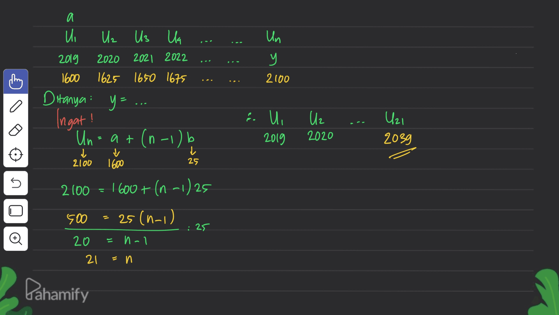 a ui Uz Us UK 2020 2021 2022 1625 1650 1675 Un у y 2019 1600 2100 Ditanya: y= Ingat! & UI 2019 Uz 2020 Un= at(n-1) b Uzi 2039 a 2100 l 25 1600 5 2100 - 1600+ (n-1)25 25 (n-1) 500 : 25 20 n-1 21 En Pahamify 