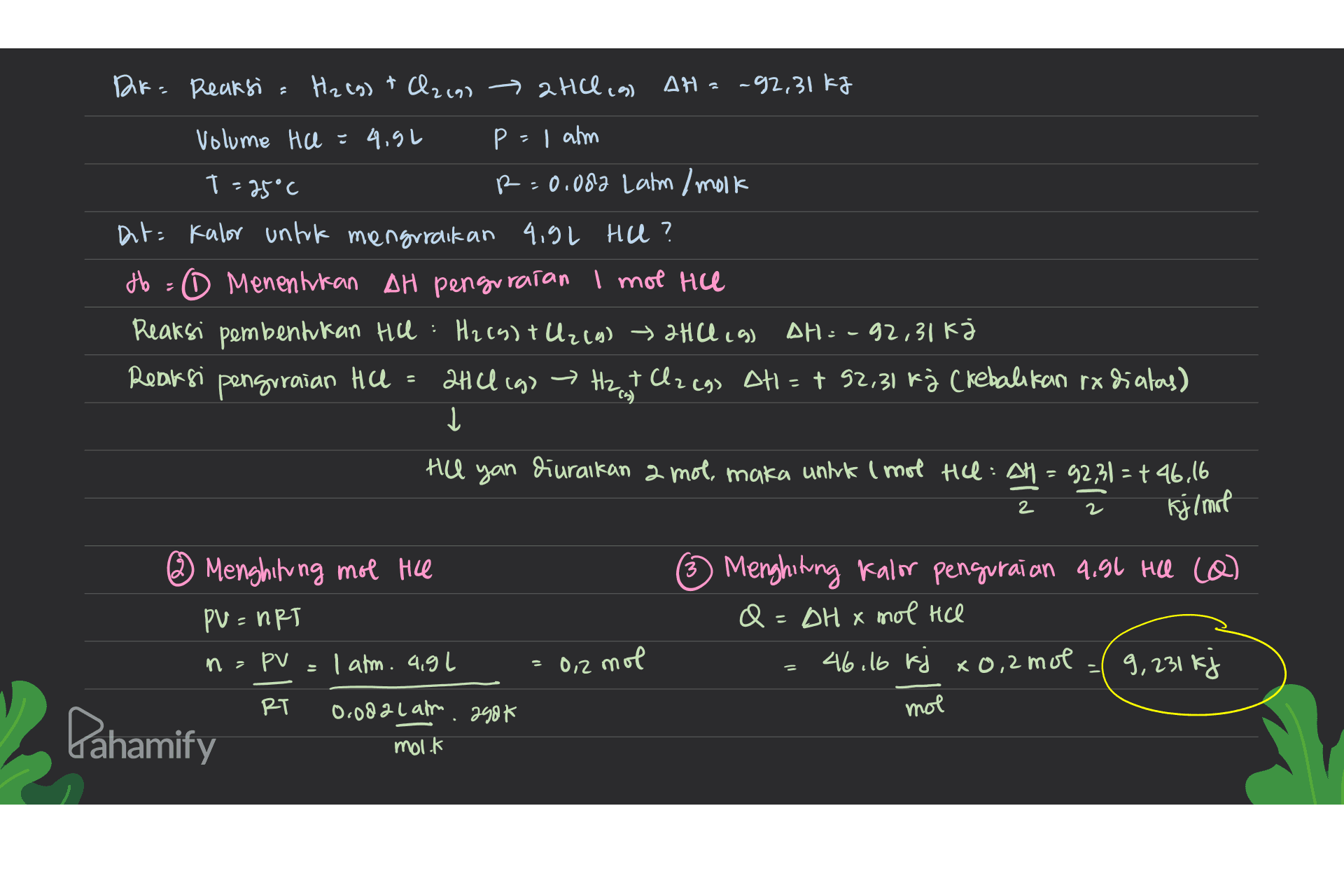 Dr. Reaksi : H2 (g) + Czean 2HCl is Ala-92,31 kg Volume He=4.92 Р -I alm t=25°C p=0.087 Lahm /molk Dit Kalor untuk menguraikan 4,91 HU? ? db = Menentukan AH penguraian I mol Hill Reaksi pembentukan Hill H264) + Cl2(g) → 2HCl (9) H2(g) +(2(g) → 2HCl is AH = -92,31 kå Reaksi penguraian HCl = 2HCl (g) → Hz, st Czegs All = + 92,31 kj (rebalikan rx diatas) Hill yan diuraikan a mol, maka untuk 1 mol HCl: AH = 92,31=+46.16 2 2 kj/mol ② Menghitung mol He PV=nRT ② Menghitung Kalor penguraian 4.96 HO (O) Q = =DH x mol HCl 46.16 kj x0,2 mol 9, 231 kj n- PV I atm. 4,91 0,2 mol = PT 290k mol Pahamify 0.odalah molik 