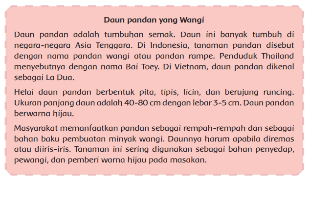 Daun pandan yang Wangi Daun pandan adalah tumbuhan semak. Daun ini banyak tumbuh di negara-negara Asia Tenggara. Di Indonesia, tanaman pandan disebut dengan nama pandan wangi atau pandan rampe. Penduduk Thailand menyebutnya dengan nama Bai Toey. Di Vietnam, daun pandan dikenal sebagai La Dua. Helai daun pandan berbentuk pita, tipis, licin, dan berujung runcing. Ukuran panjang daun adalah 40-80 cm dengan lebar 3-5 cm. Daun pandan berwarna hijau. Masyarakat memanfaatkan pandan sebagai rempah-rempah dan sebagai bahan baku pembuatan minyak wangi. Daunnya harum apabila diremas atau diiris-iris. Tanaman ini sering digunakan sebagai bahan penyedap, pewangi, dan pemberi warna hijau pada masakan. 