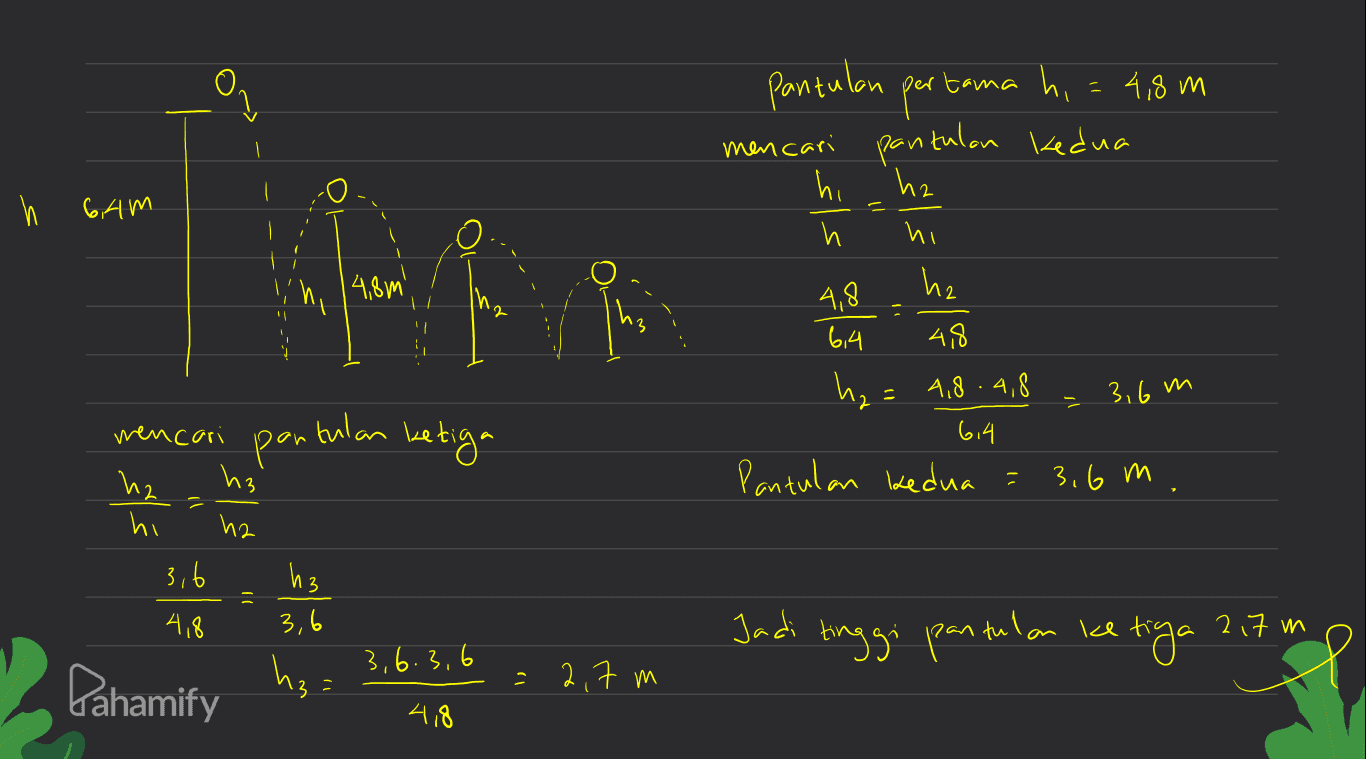 pantulan Р pertama hi = h 6am 4,8 m mencari pantulon kedua h. hz h hz 6,4 4,8 h₂ = 4,8 4,8 تی تا کی ni 4,8m' sls als 4,8 1 " 3,6 m м mencari pontulan ketiga 614 Pantulan kedua 3,6 m hz hi 3,6 h2 из 10 4,8 3,6 Jadi tinggi pantulan ke 3,6.3.6 2 tiga 2,7 m hz 2,7 m Pahamify 4,8 