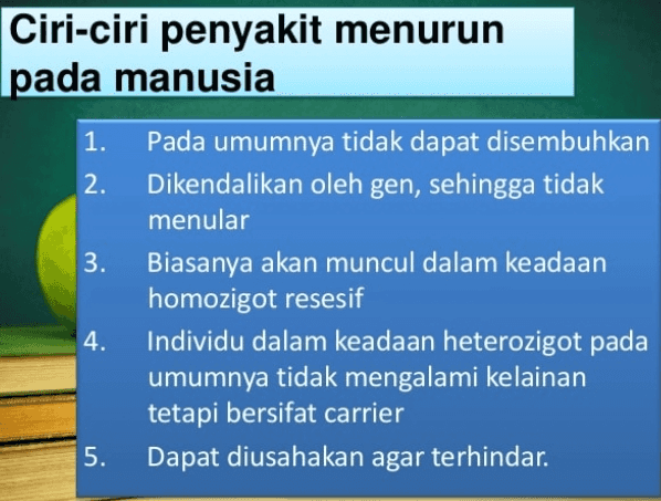 Ciri-ciri penyakit menurun pada manusia 1. Pada umumnya tidak dapat disembuhkan 2. Dikendalikan oleh gen, sehingga tidak menular 3. Biasanya akan muncul dalam keadaan homozigot resesif 4. Individu dalam keadaan heterozigot pada umumnya tidak mengalami kelainan tetapi bersifat carrier 5. Dapat diusahakan agar terhindar. 