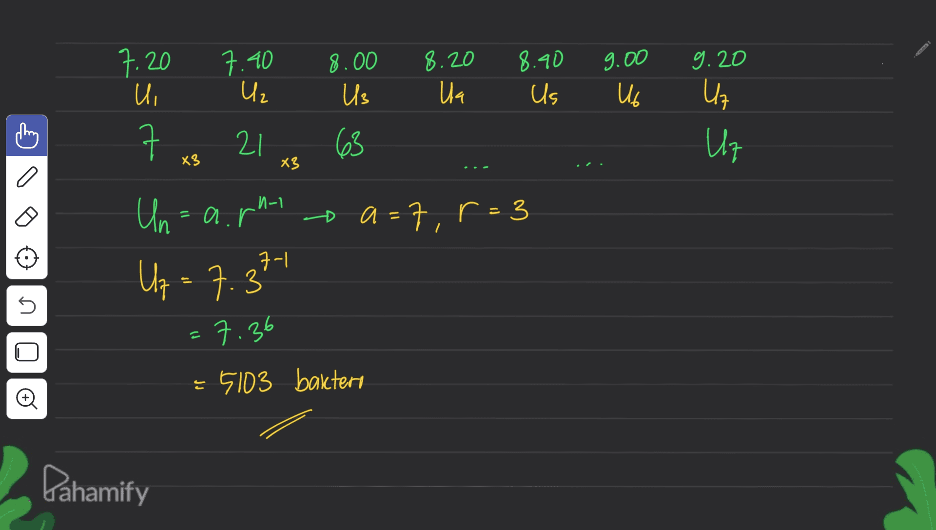 7.20 7.40 F 8.90 9.00 8.00 Us 8.20 Ula 9.20 Uz Uz Us Ub и, ㅋ 21 63 Uz X3 X3 1-1 -D a=7, r = 3 = Un= a.r Uz = 7.37 커 n =7.36 © = 5103 bakteri Pahamify 