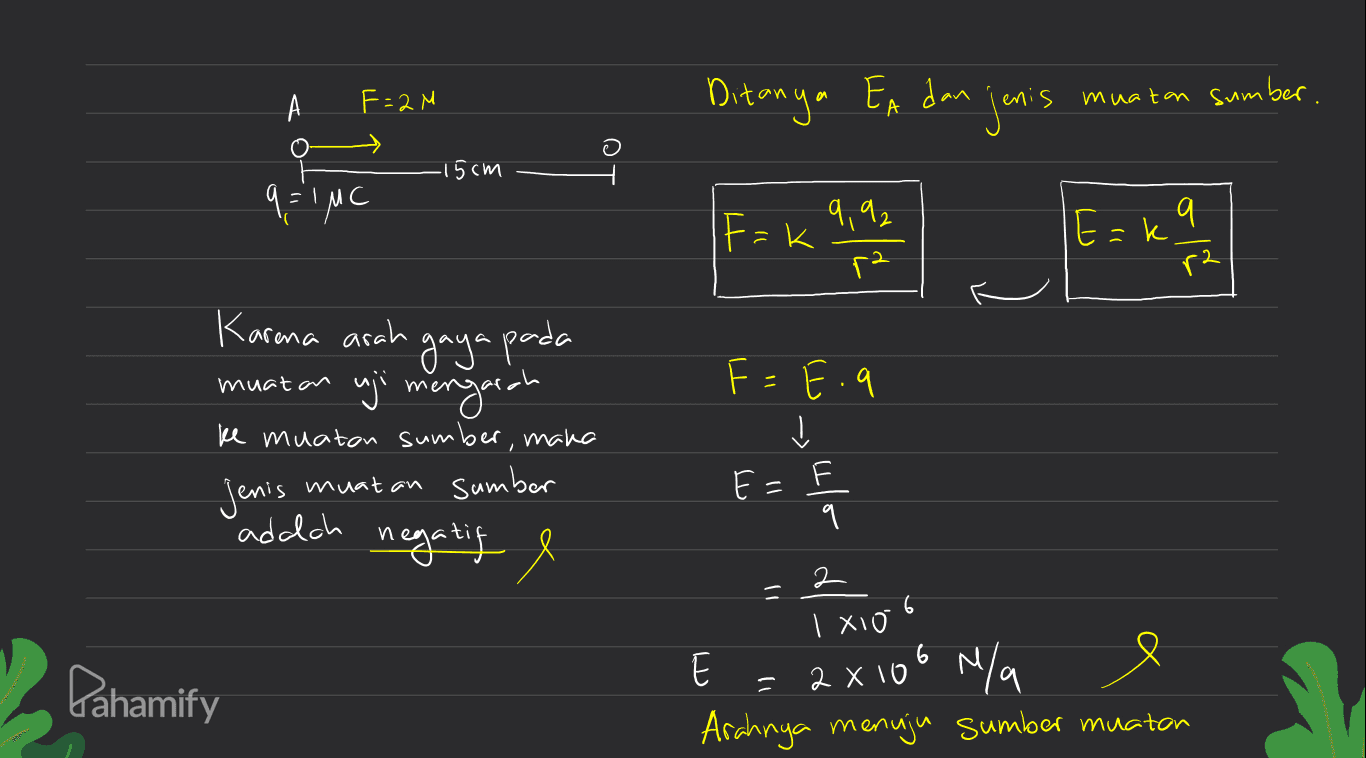 F= 2M Ditanya EA dan jenis muatan sumber. -15cm от 9= 1 MC 9,92 F=k E=k 9 r2 ka 뽐 r2 Ә gaya pada muatan F=E. 9 Karona arah uji mengarah ke muaton sumber, maka jenis sumber muatan F = F addah negating e 9 2 = 6 I XI0 Pahamify = E N/a Arahnya menuju sumber muatan 2x106 
