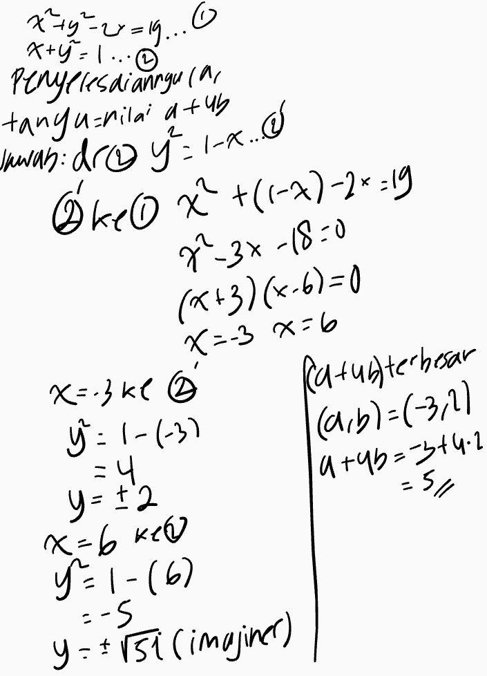 o x+y=29=19... x+y=1 ... Penyelesaianngula tangu nilai atuh was.droyi-n.com Ókeo x +((--)-24:14 7²-3x-18=0 (*+3)(x+6)=0 X=-3x=6 Patuh terbesar | (a,b)=(-3,2) la rub=-3+4.2 = 5 X=-3 ke ý : 1-6-31 =4 2 Y=1-(67 y=+ 151 (imajiner) y=+2 x=6 keo --5 