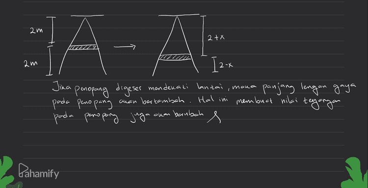 NA TNB - W=0 - MA=NB =H w 2M =W 2 m N=W/ goo Ne 2 м Tz N = 450 Mewton gaya pada masing kaki tangga 450.4.0,96= T.2 1728 # Tinjau salah satu kaki tangga . misal sebelch kiri E T=0 .?i-T2 =0 ?i=? Nact.cos 15° = T. l L. -T 2 T T = 864 N Me Pahamify 
2m 2tX A-A A A 2 м mendekati lantai mona 1 [2x Jika penopang digeser mendekat panjang lengan gaya * pada penopang aman bertambah akan bertambah. Hal ini membuat nilai pada pano pang juga akan baubah s Hal ini membuat nilai tegangan Pahamify 