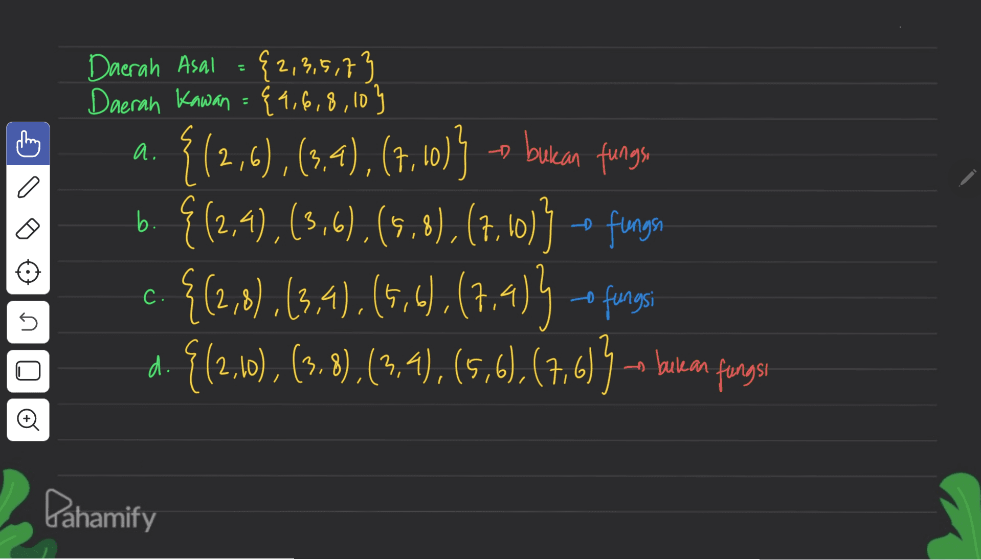 Daerah Asal {2,3,5,7} Daerah Kawan = {4,6,8,10} . a 3 {(2,6 2,6), (3,4), (7,10)} o bukan fungs ,, ] 6. 9(2,4), (3,6), (5,8), (7.10)} o fungen {(2,8),(3,4), (5,4),(7.4134 - fungs {(2,10), (3.8), (3,4), (5,6), (7,6)} - burean fungsi C. 5 d. Đ Pahamify 