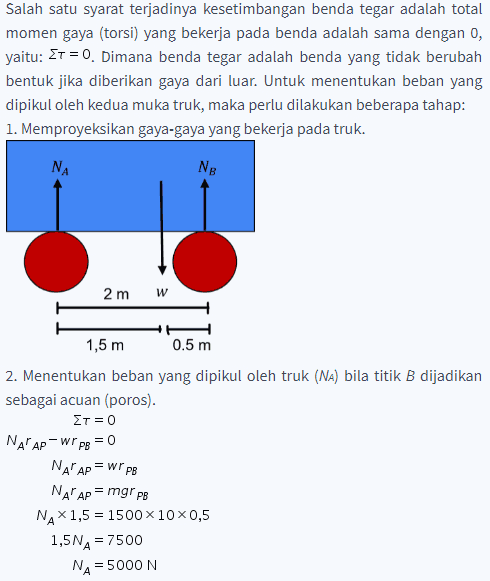 Salah satu syarat terjadinya kesetimbangan benda tegar adalah total momen gaya (torsi) yang bekerja pada benda adalah sama dengan 0, yaitu: Et = 0. Dimana benda tegar adalah benda yang tidak berubah bentuk jika diberikan gaya dari luar. Untuk menentukan beban yang dipikul oleh kedua muka truk, maka perlu dilakukan beberapa tahap: 1. Memproyeksikan gaya-gaya yang bekerja pada truk. NA Ng 2 m W 1,5 m 0.5 m 2. Menentukan beban yang dipikul oleh truk (NA) bila titik B dijadikan sebagai acuan (poros). Στ=0 NA" AP-wr p8 = 0 NATAP = WIPE NAPAP= = mgr PB NAX1,5 = 1500 x 10 x 0,5 1,5NA = 7500 NA = 5000 N 