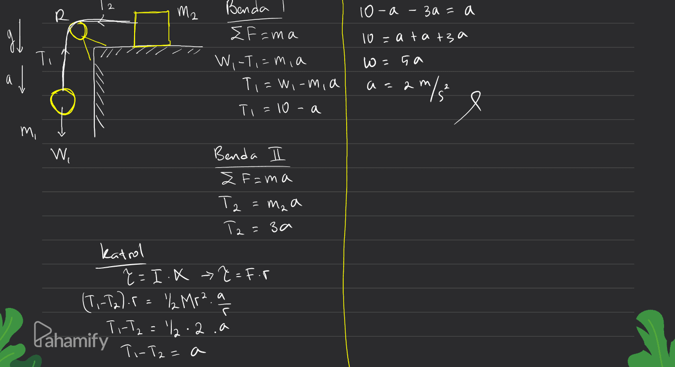 ma R р 10- -a - - 3a=a 10-atatza Ti Benda & Fama W,-T,=mia Ti=wi-mia Ti=10-a w= sa al ac 2 m/ s 2 m M, W Benda I Z Fama T2 תר M₂ a Ta = 3a katrol ?=I.X >2=F. (T.-T2).r = 'h Mr² a 근 Ti-T₂ = 2.2.a T-T2=a Pahamify 