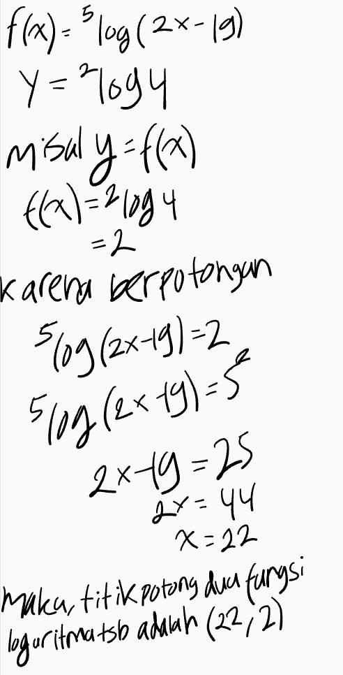 f(x) log(2x-19) y=1094 misal y=f(x) (4 -2 Karena berpotongan slog (2x19)=2 slog (ex1y)=5 2x19=25 2x=44 x=22 maka, titik potong dan fungsi loguritmatsb adalah (22, 2) 