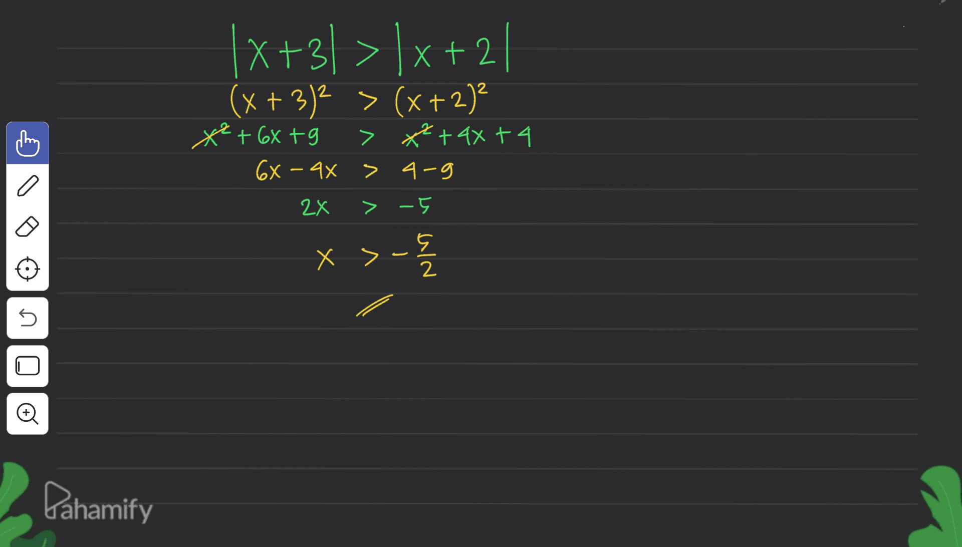 |x+3) > ]x+21 (x + 3)2 > (x+2) *+6X to > x² + 4xt4 6X - 4X > 4-g 2x > -5 3 X > - 5 2 U U o Dahamify 