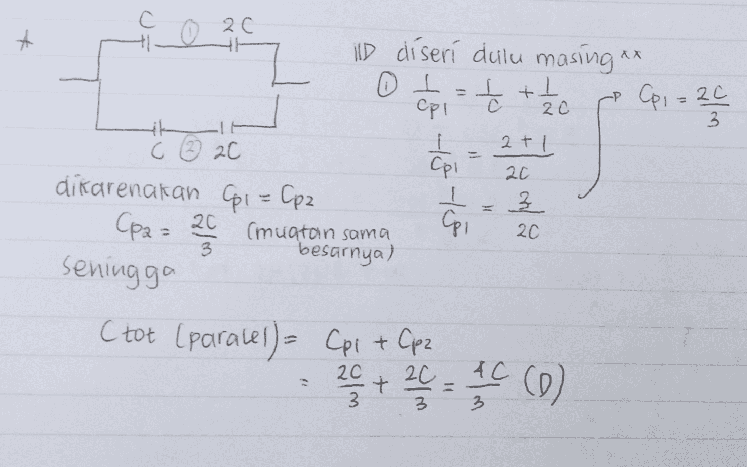 с * 4 0 20 XX ild díseri dulu masing' 01- to the Cpl P (p1=20 3 2+1 KH C 2 20 dikarenakan Cpi = Cp2 (muatan sama 3 besarnya) seningga ya Ya 20 로 20 (Pa = 20 C tot (paralel)= Cpi + Cpz 20 + 20 = 1 6 (D) 