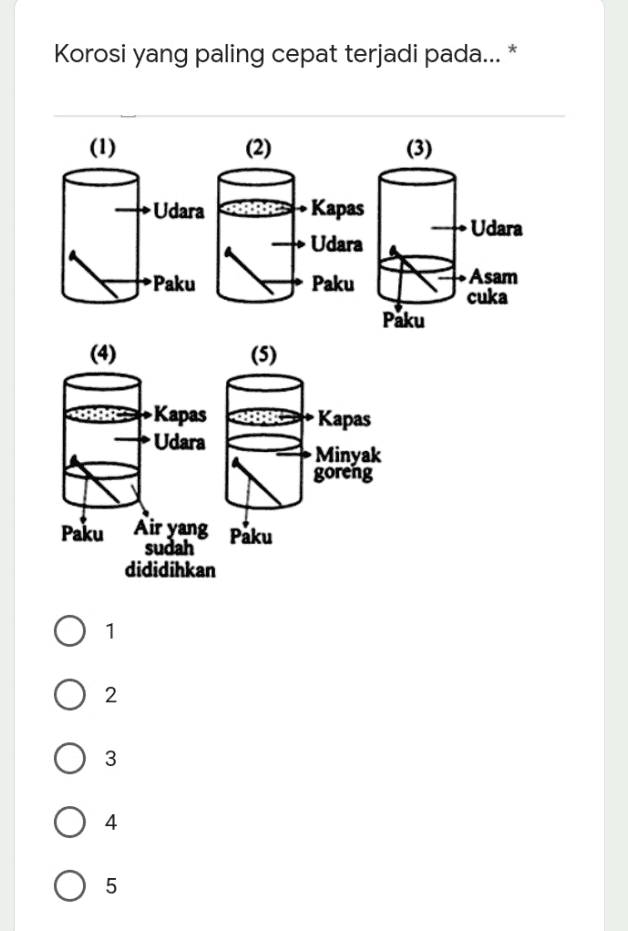 Korosi yang paling cepat terjadi pada... * (1) (2) (3) Udara PRORES. Kapas Udara + Udara 0 Paku Paku Asam cuka Paku (4) 3 elo: (5) Koorest Kapas 388 Kapas Udara Minyak goreng Paku Air yang paku sudah dididihkan O 1 2 3 4 O 5 