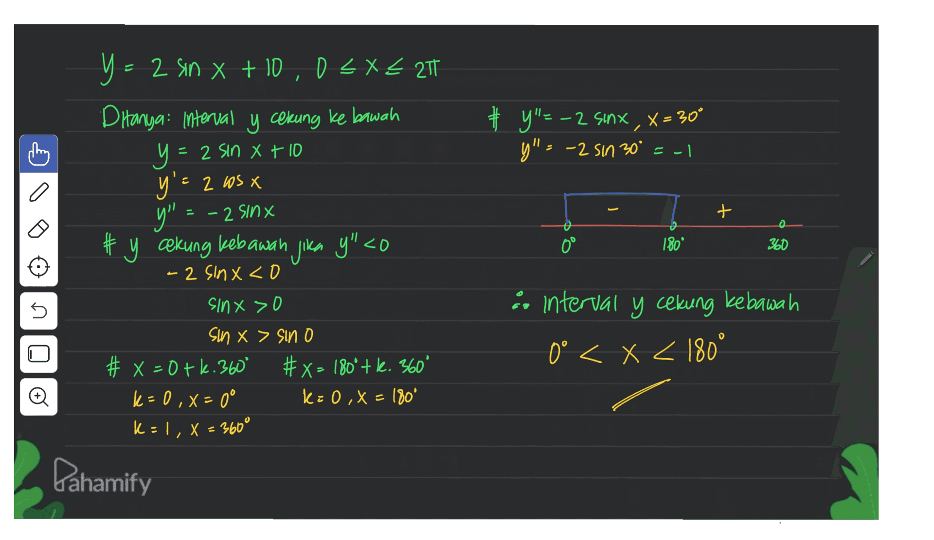 - Y - 2 sin x + 10,0 < X < 217 2 x X Ditanya interval y cekung ke bawah y = y y'e 2 WS X y"=-2 sinx,x=30° y"=-2 sin 30° = -1 = 2 Sin Xt 10 y" 2 sinx + # y cekung kebawah jika y" <0 0° 180 360 5 - 2 sinx<0 sinx > 0 sun x > sino # x=0+6.360° #x= 180*+k. 360 k=0, x= 0° k=0, x=1809 k = 1, X = 360° ao interval y cekung kebawah 0° < x < 180° 0< o C Pahamify 