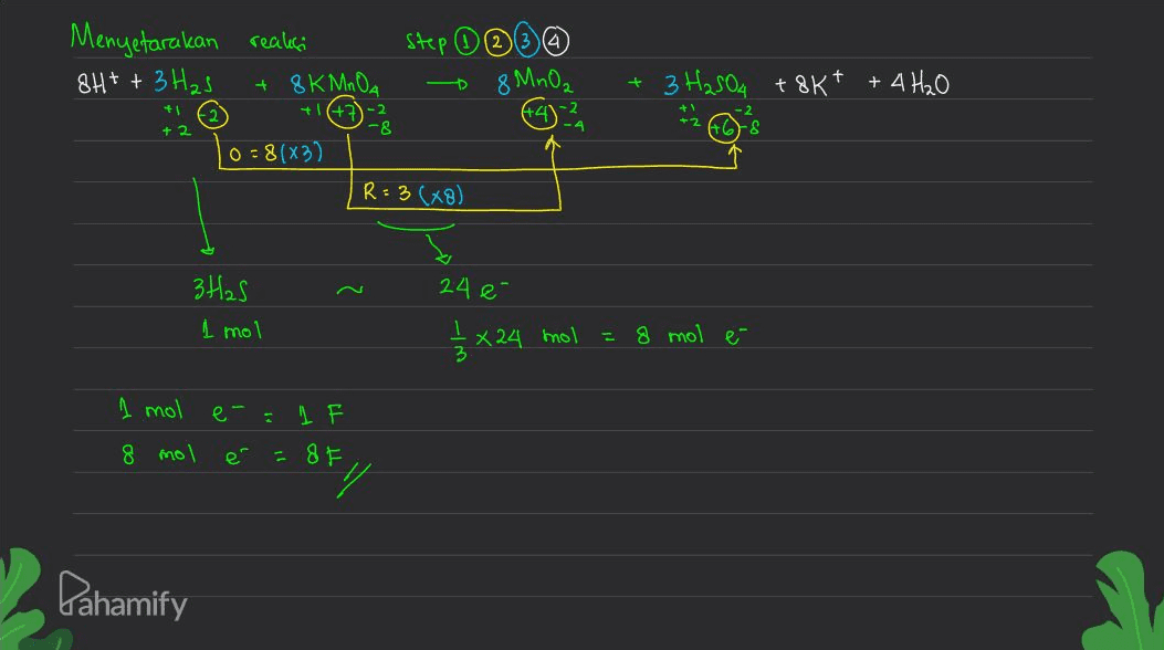 reaksi Menyetarakan SH+ + 3 H₂S Step 3 8 MnO₂ + 8 KMnOA -D 3 H2SO4 + 8kt + 4 H₂O +7 + 2 -8 -4 .8 0 = 8(x3) R=3(x8) 24 e- 3H2S 1 mol 1 / 3 x 24 24 mol = 8 mol e- 1 mol e-1 8 mol = 8 Y Dahamify 