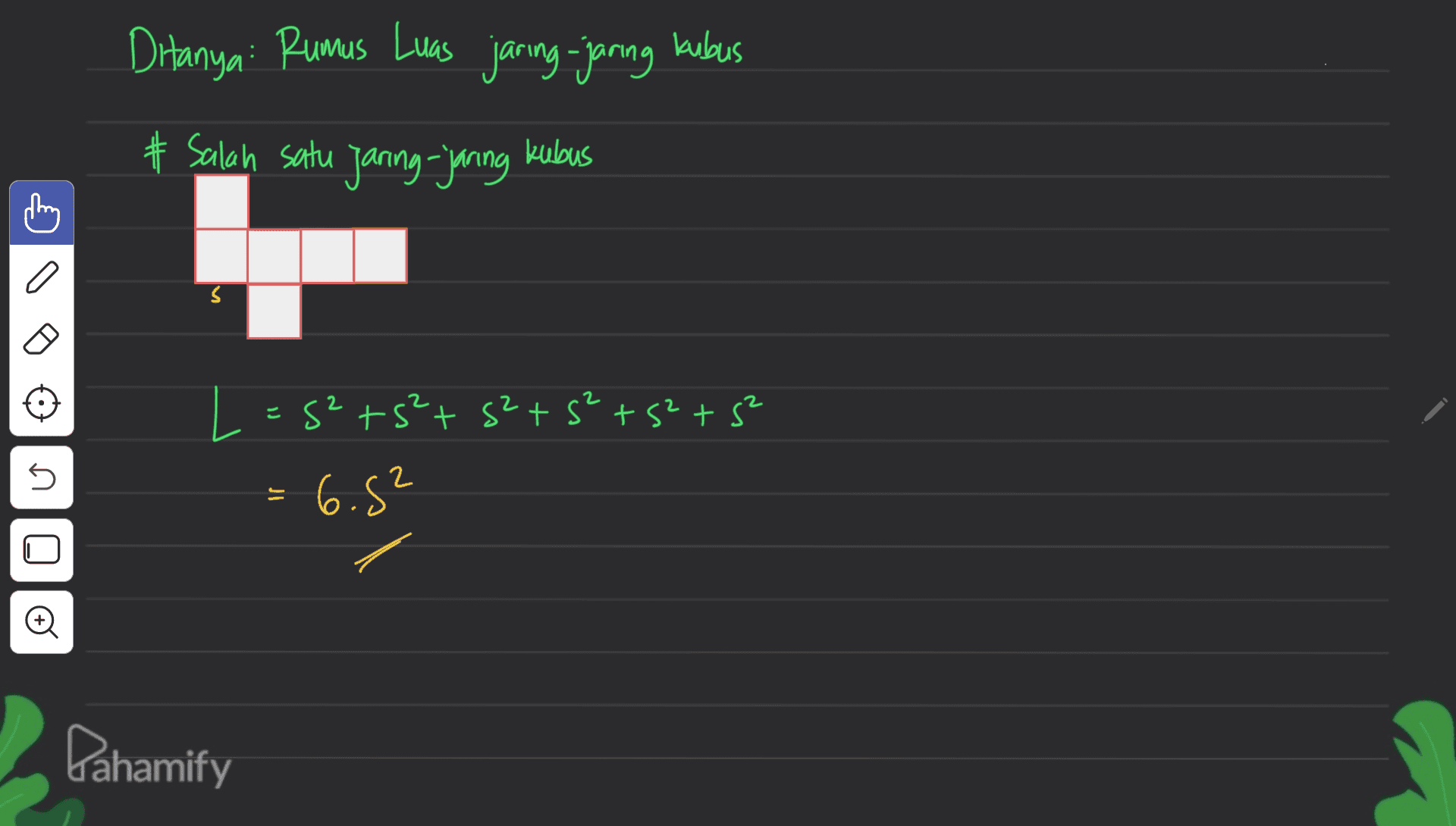 Ditanya. Rumus Luas jaring-jaring kubus # Salah satu kubus jaring-jaring a s L = + s2ts²ts2+5² +52 +5² = 6.5² 5 = Pahamify 