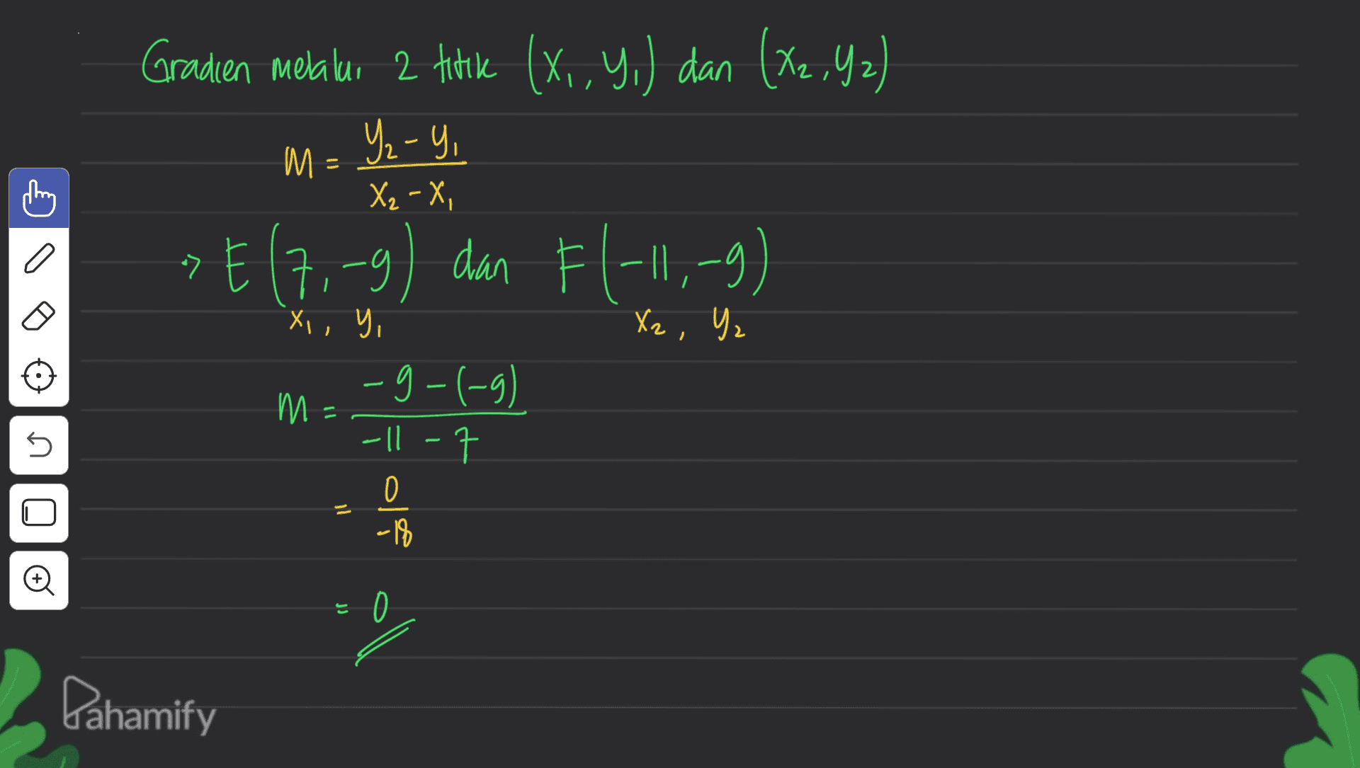 Gradien melalui 2 titik (X,Y,) dan (X2,42) 2 Y- - » E (7,-9) dan Fl-11,-9) 티 ) M - = X2 - X, C a Xz, Yz X, Y, -g-(-9) M - W 45 -11-7 ll O -18 © JJ Pahamify 