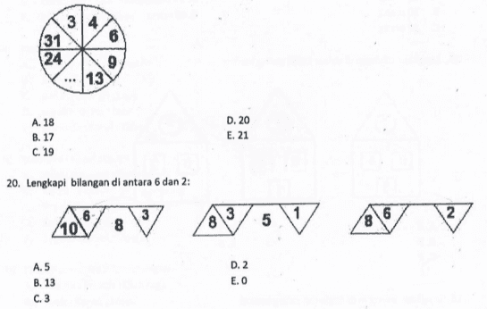 34 31 6 24 9 13 A. 18 B. 17 C. 19 D. 20 E. 21 20. Lengkapi bilangan di antara 6 dan 2: 3 3 الا 1 6 N 5 8 8 10 A.5 B. 13 C. 3 D.2 E.O 