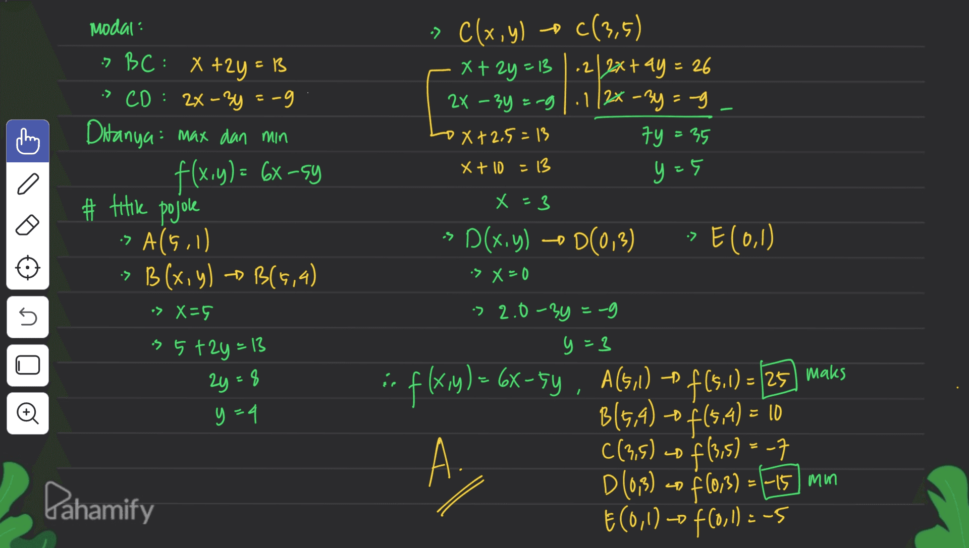 Modal: - -> C(x,y) oc(3,5) C( X+ 2y=13 | .2 2x+4y= 26 ,= 2X - 3y =-g| .1 |2x - 3y =-g Lox+2.5=13 74 = 35 X + 10 13 y=5 X =3 - P(x.y) –0D(0,3) -> E(0,1) > x=0 » :X :> BC: x +2y = B + 3 -> CD: 2x - 3y = -9 Ditanya: max dan min f(x,y) = 6x-sy # titik pojole -> A(5.1) -> B(xy B(x, y) B(5,4) •> X=5 is 5+24=13 a # 5 > 2.0-3y=-9 y=3 2y=8 I = y =q = in f(x,y) = 6X-5y, A(51) + f (510) = (25) maks yA(- - = B B(5,4) f(5,4 ) = 10 C(3,5) 40 f/3,5) = -7 D (0,3) to f (0,3) = -15 mm E € (0,1) -- f(0,1)=-5 A C) = Pahamify : 