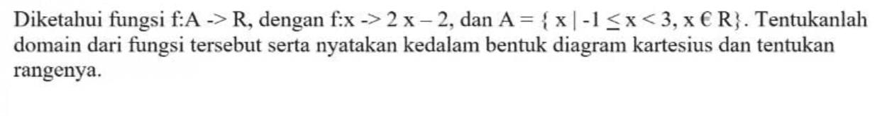 Diketahui fungsi f:A -> R, dengan f:x -> 2 x - 2, dan A = {x|-1<x<3, x €R}. Tentukanlah domain dari fungsi tersebut serta nyatakan kedalam bentuk diagram kartesius dan tentukan rangenya. 
