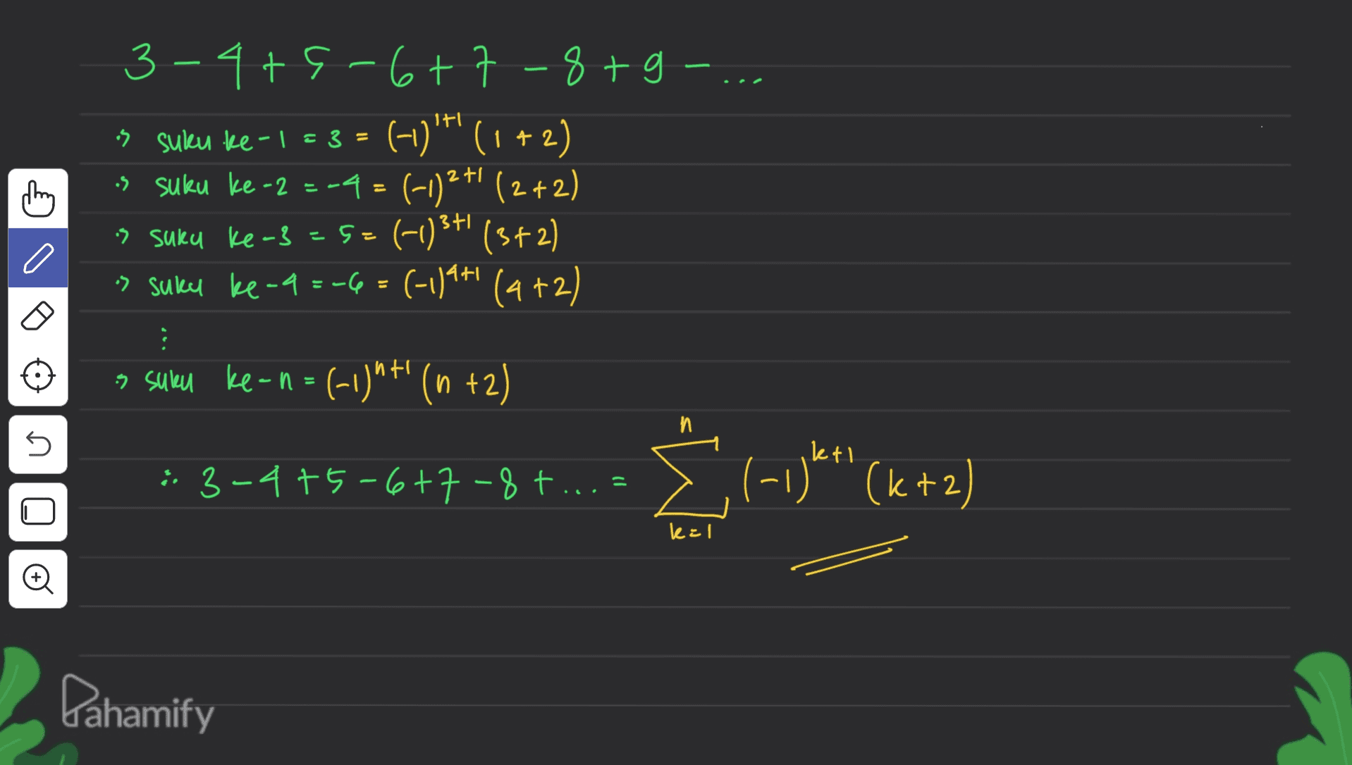 171 3-4+6-6+7-8+g os suku ke-1 =3 = (-1) '*' (1+2 suku ke-2 =-4=(-1)2+(2+2) 3 suku ke-3=5=(-1) 3+1 (3+2) » Suley ke-9 =-6=(-119+1 (412) they s suku ke-n=(-1)"+ (n +2) n :: 3-4+5+6+7 -8 t... = 3 - 35" (kta Pahamify 