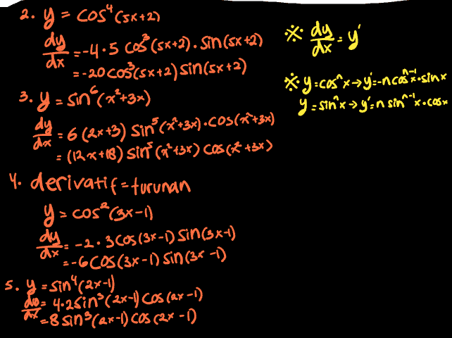 = 6 (2x+3) sin(x+3x).COS(+*+3x) 2. y = cos*(sx+2) dy ---4.5 cos (5x+2). Sin(sx +2) > <a on ax =-20 co$(sx+2) sin(sx+2) 3.y=sin(x+3x) *y.cos^x=y::encomisinx yusinx->y':n sink.com dy (1298+18) sirt (a*t3x) Cos * *3x) 4. derivatif-turunan y = cos(3x-1) dy 았 :-2:3C05 (36-1) sin(xt) =-6COS (3x-1) sin(3-1) s. y =sin"(2x-1) = 4.25in (2x-) cos(ex-1) -8 sinflax-1) cos(2x- 