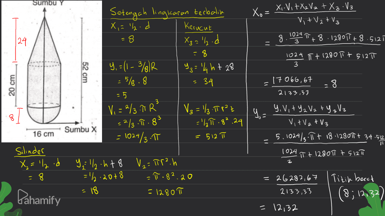 Sumbu Xo = X-Vit Xa V2 + X₂ V3 VitV2 TV3 Kerucut ㅠ 24 1024 3 8 + 8.12880 +8.5121 - Setengah lingicaran terbalin X,='h.d = 8 Xzall.d 8 y, =(1-3612 Y = '/ ht 28 = 5/2.8 34 1024 T + 1280 Ft 512 T 3 52 cm 17066, 67 20 cm 8 -5 2133,33 3 8 9 - 3 V. = 2².7 R² =2/3.1.8² = 1024/3-TT V₂ = 1/3.II raz ='}ł.8².24 =512 π Y. Vi+YzV2 +YzV3 Vit V2 + V3 5.1024/ 11 + 18-12807+ 34.512 Sumbu X 16 cm - T [ 1024 T + 12801 +5 127 Silinder X, = %.d =8 Y, 112-ht 8 V₂ = [[?.h =1/2.2018 = 18 =1280 π =^.82.20 = 26282,67 2133,33 Pahamify Titik berat (8;12.32) = 12,32 